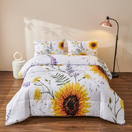 Namoxpa White Sunflower Comforter Set, 3D Pattern for Kids Teens Adults,Decorative Bedding Comforter Sets with 2 Pillow Shams, Twin Size