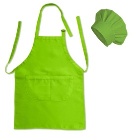 Matissa & Dad Kids Cooking Apron and Chef Hat Set Adjustable Childrens Apron for Baking, Painting, Craft Chef Apron Artist Smock child (Spring Green, X Large For kids 48" to 55" Height)