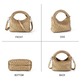 Hnycinj Women Woven Leather Handbag, Handmade Small Shoulder Crossbody Bag, Lightweight Clutch Top Handle Tote Bag, Gold, Small