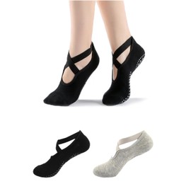 MUEMIIVE Pilates Socks with Grips for Women, Non Slip Lux Grip Socks Pilates with Straps, 2 Pairs Grippy Sock for Yoga Hospital Workout Barre (Black Gray Size 5.5-11)