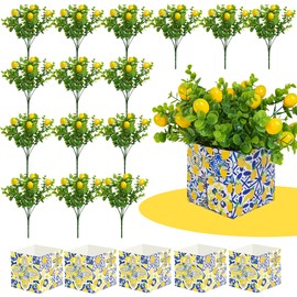 5 Sets Blue Tiles Lemon Table Centerpiece Decor-Amalfi Coast Inspired Box with 15 Artificial Lemon Branches,Capri Positano Lemon Party Supplies for Mediterranean Wedding Party Decorations,Baby Shower