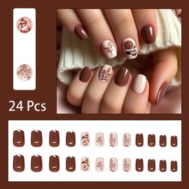 24 Pcs Valentine's Day Press on Nails Short Square Rose Flower Fake Nails with Designs Brown False Nails Glossy Stick on Nails Full Cover Artificial Nails for Women Girl