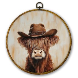 Mcehtle Vintage Western Cowboy Highland Cow Wall Art Decor, Country Cow Farmhouse Framed Canvas Prints 10x10, Funny Whimsical Animal Round Wall Hanging Artwork Decorations for Bedroom Living Room