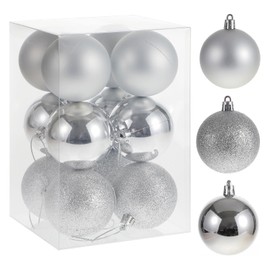 RELONGGI Christmas Ball Ornaments, 12pcs 6cm/2.36" Pre-Strung Xmas Tree Decorations，Holiday Hanging Balls-3 Style Shatterproof Plastic Ball Ornaments (Silver, Large)