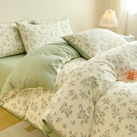 Covebett Bed Linen Cotton 135 x 200 cm Green White Flowers Small Floral Pattern Duvet Cover Set Aesthetic Botanical Flower Meadow Floral Pattern Duvet Cover Zip and Pillowcase 80 x 80 cm