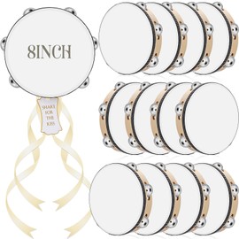 Lukmaa 12 Set 8 Inch Tambourine for Adults Tambourines Bulk Wooden Hand Held Drum with Metal Jingles, Gift Tags, Beige Ribbon Percussion Gift Musical Instrument for Church Wedding Party Favor