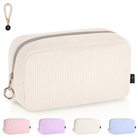 Playexen 9.9" Large Makeup Bag, Corduroy Cosmetics Bag for Purse with Ring Buckle, Small Travel Organizer Toiletry Pouch for Women (Beige)