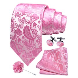 GUSLESON Pink Paisley Tie for Wedding Business Party Necktie Pocket Square Cufflinks and Lapel Pin Brooch Set (6105-26)