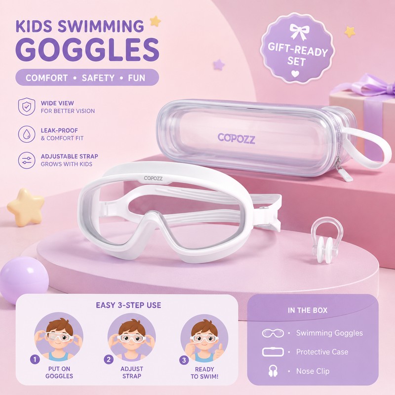 Kids Anti-Fog Swim Goggles with Case – Waterproof Big Frame