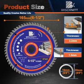 BRSCHNITT 60T Circular Saw Blade 165 x 20/16 mm - Multi Saw Blade for Wood, Metal & Aluminium Compatible with Plunge Saw & Circular Saw