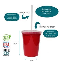 Rolling Sands 16 Oz. Reusable Plastic Stadium Cups with Lids, 6 Pack, USA Made Plastic Tumblers and Lids, Includes 6 Reusable Straws; Dishwasher Safe, Red