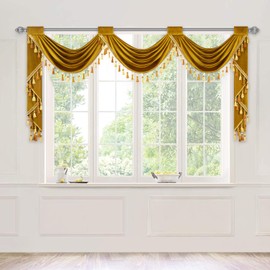 VOGOL Luxury Vintage Style Waterfall Valances, Gold Light Filtering Swag Curtains with Handmade Tassels, 1 Panel Rod Pocket Decorative Drapes for Dining Room, 79 Inches Wide