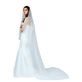 BEAUTELICATE Bridal Wedding Veil Drop Blusher Veil 2 Tier Cut Edge Knee Chapel Length With Comb White Chapel Length