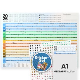 XXL Wandkalender 2026 A1 gefaltet auf A4 E&G Klasse Erwachsene Bunt Spaltenfarben Kalender KW Mondphase Ferienübersicht mit oder ohne Sticker Planer Haushalt Kalender 2026 (Bunt, mit Sticker)