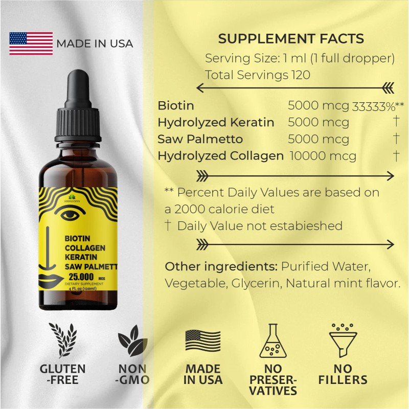 HERBALICIOUS Liquid Biotin Collagen Keratin 4fl oz Formula Hair Skin
