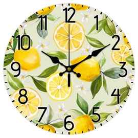 CHGCRAFT 12inch Lemon Wall Clock Silent Non Ticking Round Wooden Clock Fruit Clock Farmhouse Wall Clock for Living Room Kitchen Bedroom Office Decoration