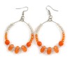 Orange/Transparent Ceramic/Glass Bead Hoop Earrings In Silver Tone - 70mm