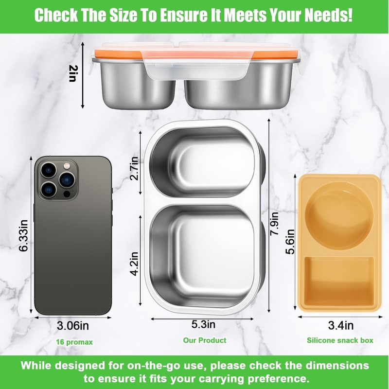 Palksky Large Stainless Steel Snack Containers with Lids, 2/Tow/Double Compartment