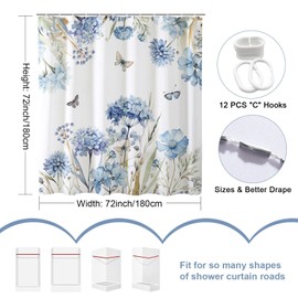 Baccessor Blue Floral Shower Curtain Spring Hydrangea Shower Curtain Farmhouse Polyester Fabric Seasonal Bathroom Home Decor Bath Waterproof Weighted with Metal Hooks 72x72 Inch