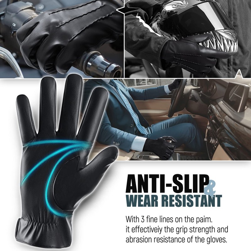 QUKOPSE Winter Leather Gloves for Men,Touchscreen Snow Driving Gloves with