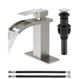 GBBNE Waterfall Bathroom Faucet 1 Hole, Single Hole Bathroom Faucet, Single Handle Vanity Sink Faucet with Deck Plate, Pop-up Drain & Supply Lines, Brushed Nickel