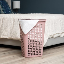 Mind Reader Slim Tapered Laundry Hamper with Lid, Clothes Basket with Swiss Cross Cut-Outs, Lightweight & Ventilated, Plastic, 16.75"L x 12.75"W x 23"H, Pink