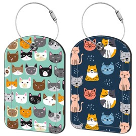 iapodiad Cute Cat Animal Prints Luggage Tag for Suitcase Set of 2 PU Leather Cute Luggage Tags with Stainless Metal Loop ID Label Privacy Flap Suitcase Tags for Women and Men Travel