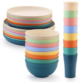 SANLUNS 32-Piece Kitchen Plastic Wheat Straw Dinnerware Set,Service for 8,Dinner Plates,Dessert Plate,Cereal Bowls,Cups,Unbreakable Colorful Plastic Apartment Outdoor Camping Dishes,Autumn Multicolor