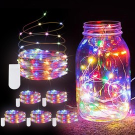 JUSTPRO 6 Pack Fairy Lights Battery Operated String Lights - 7ft 20 LED Waterproof Silver Wire Firefly Lights for DIY Wedding Décor Table Centerpieces Craft Mason Jars Party Decor(Multicolor)