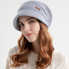 Enwokran Women's Knitted Beanie Hat Lined Fleece with Brim Beret Hat Warm Peaked Cap for Winter, lightgrey