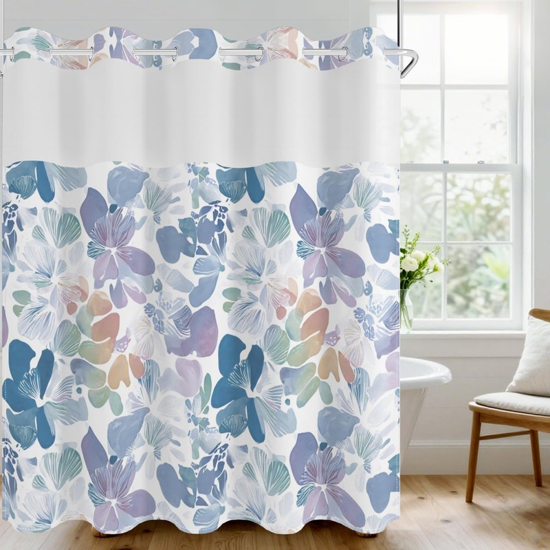 NAEMBCU Boho Floral No Hook Shower Curtain with Snap in