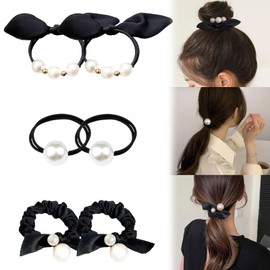ZHEJIA Hair Rubber Pearl Hair Rubber (Set of 6) Hair Scrunchy Hair Clips, Pearl Hair Ornament, Cute, Ribbon Rubber, Popular, Korean Style, Fashionable, Hair Accessories, Commuting to Work, School