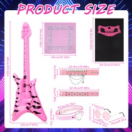 7Pcs Rockstar Fancy Dress Pink, Kids Inflatable Guitar Punk Rockstar Accessories Kids Rock Star Heavy Metal Punk Gothic Rocker Costume Set with Sunglasses Bandana Bracelet Collar Mask 80s Fancy Dress