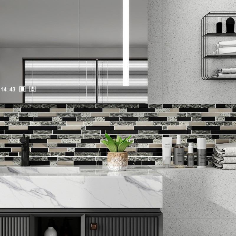 5-Sheet Glass Backsplash Tiles, 5 Square Feet Black Glass Mosaic