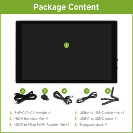Waveshare 8 inch Capacitive Touch Display, Wide Colour Gamut, 1280 x 800, Optical Bonding Toughened Glass Panel, HDMI/Type-C Display Interface, with Audio, Computer Dual Screen for Collaborative