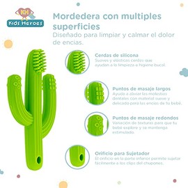 Kids Heroes Mordedera para Bebe en Forma de Cactus con Cepillo de Dientes 2 en 1 – Mordedera de Silicona de Grado Alimenticio Libre de BPA, 0-12 Meses, Verde