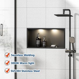 Qeke Stainless Steel Shower Niche 24" X 12", No Tile Needed Wall Niche with Non-Dimmable Led Downlight, Recessed Niche Shower for Bathroom Storage, Over Mount Installation, Matte Black