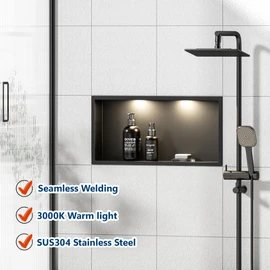 Qeke Stainless Steel Shower Niche 24" X 12", No Tile Needed Wall Niche with Non-Dimmable Led Downlight, Recessed Niche Shower for Bathroom Storage, Over Mount Installation, Matte Black