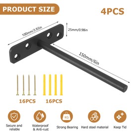 OUZHOU 4 Pcs Floating Shelf Bracket, Hidden Shelf Brackets 6 Inch Solid Steel Shelf Support, Heavy Duty Shelf Brackets T Shape Concealed Steel Bracket for Shelves Wall Mounted Cabinet Furniture