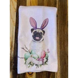 Handmade Easter pug kitchen towel