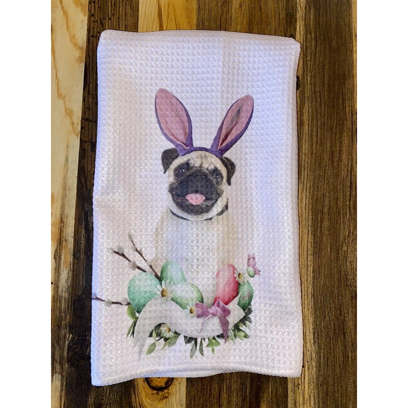 Handmade Easter pug kitchen towel