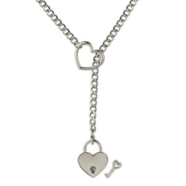 Jean Beau Silver Chunky Heart Locker With Key O-Ring Slip Chain Necklace for Men Women, Punk Rock Cuban Miami Adjustable Long Lariat Y-Necklace Jewelry Gift