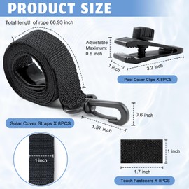 FOTSHARER Pool Reel Straps Kit 24 Pcs Upgraded Pool Solar Cover Straps and Clips Kit for Inground Swimming Pools Includes 8 Solar Cover Reel Blanket Straps with Hooks 8 Clips and 8 Touch Fastener