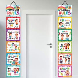 Decorably 12 Hanging Colorful Classroom Rules Preschool Posters with Accompanying Ribbon, 12x10in Matte-Laminated Inspirational Classroom Rules Poster Elementary School