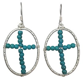 Oval Ring with Simulated Turquoise Beaded Cross Center Dangle Earrings (Silver tone)