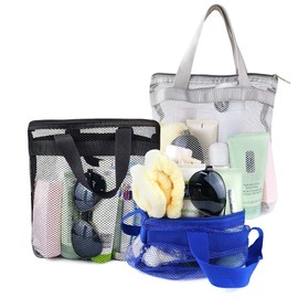 3 Pcs Portable Mesh Shower Caddy Tote, Quick Dry Tote Bag Mesh Beach Bags for Women, Hanging Toiletry and Bath Organizer for Travel Swimming Sports Gym Camp Shopping College Dorms (Black Gray D Blue)