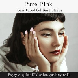 IQXGE Pure Pink Semi Cured Gel Nail Strips 20Pcs Waterproof Gel Nail Stickers UV/LED Light Needed Long Lasting Glossy Polish Nails Wraps Self Adhesive Nails Polish Strips for Women