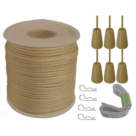 Y-Axis Roll of 60 Yards 2.0mm Light Gold Braided Nylon Lift Shade Cord with 6 Pack White Wood Cord Knobs + Soft Tape