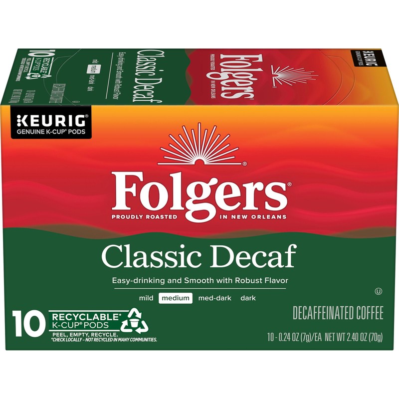 Folgers Classic Decaf Coffee, Keurig K-Cup Pods, 10 Count Box