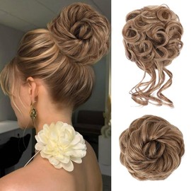 Vigorous Messy Bun Hair Piece for Women - 2PCS Synthetic Hair Pieces with Tousled Updo Hair Buns & Wavy Curly Texture Scrunchies Chignon Ponytail  - Easy to Wear & Versatile for Daily Use:_12/24# Liqht Brown mix Blonde